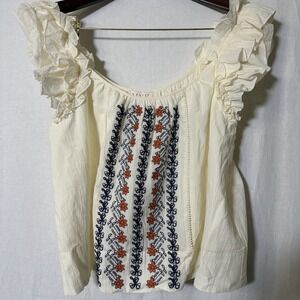 Women's MNK Ruffle Detail Tank Blouse Sz Medium Ivory Floral Polyester Summer